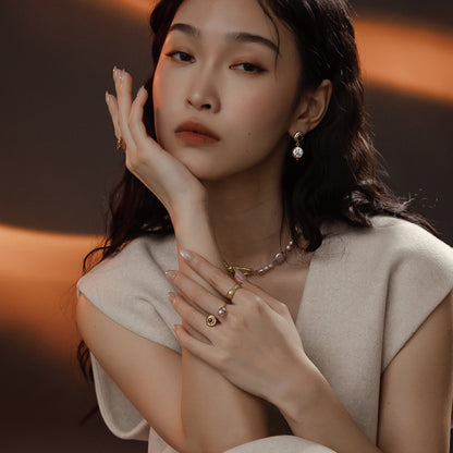 太陽閃焰 太陽黑子虎眼石粉紫珍珠戒指-厚鍍18K金