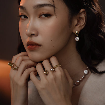 太陽閃焰 太陽黑子虎眼石粉紫珍珠戒指-厚鍍18K金