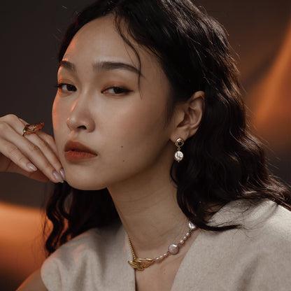 太陽閃焰 太陽黑子虎眼石垂墜粉紫珍珠耳環-厚鍍18K金 (S)