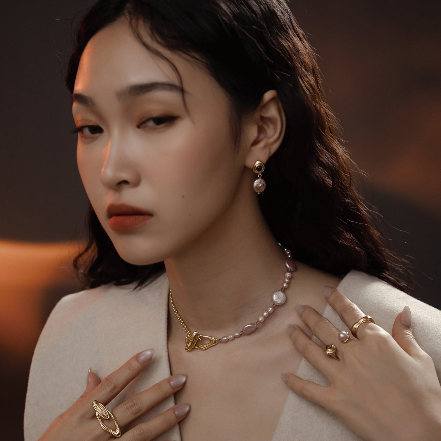 太陽閃焰 太陽黑子虎眼石垂墜粉紫珍珠耳環-厚鍍18K金 (S)