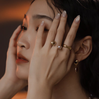 太陽閃焰 太陽黑子虎眼石粉紫珍珠戒指-厚鍍18K金