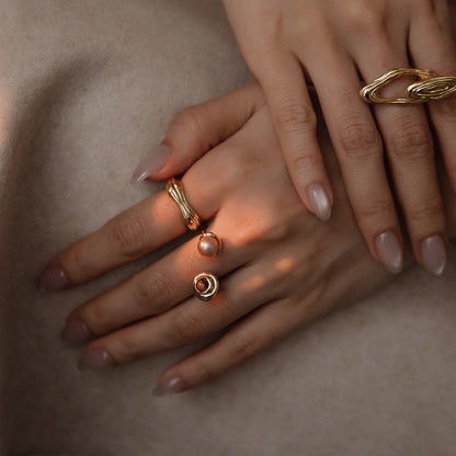 太陽閃焰 太陽黑子虎眼石粉紫珍珠戒指-厚鍍18K金