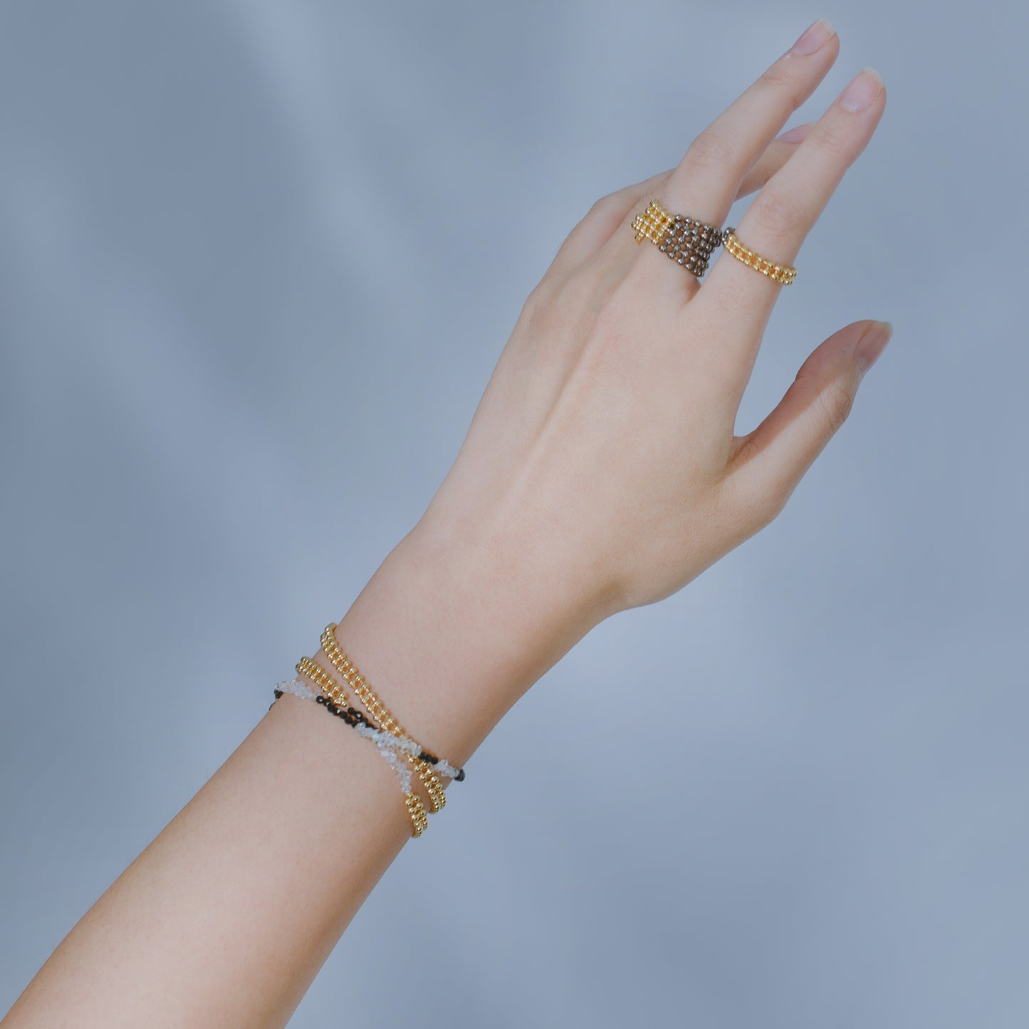 Space Ice - Beaded Chain Ring (Black & 18K Gold Plated) 