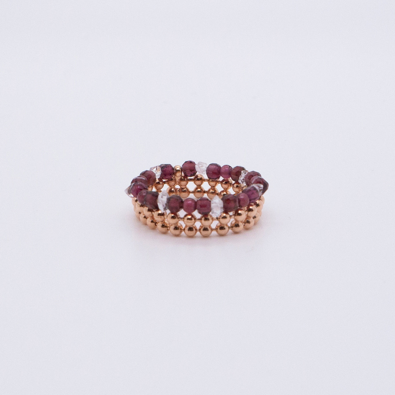 Space Ice - Magenta Mist - Herkimer Diamond & Garnet Beaded Chain Ring (Rose Gold Plated) 