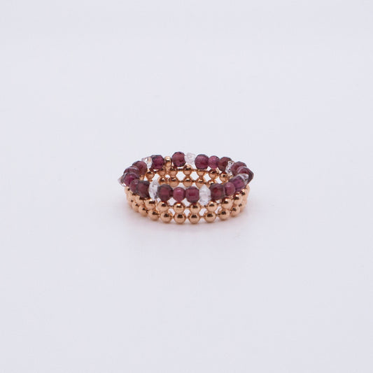 Space Ice - Magenta Mist - Herkimer Diamond & Garnet Beaded Chain Ring (Rose Gold Plated) 