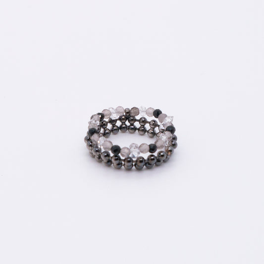 Space Ice - Magenta Mist - Herkimer Diamond & Black Spinel Beaded Chain Ring (Black Gold Plated)