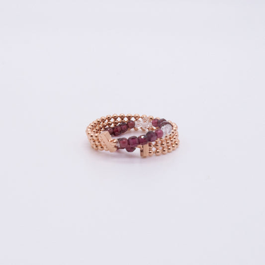 Space Ice - Magenta Mist - Herkimer Diamond & Garnet Beaded Double Hoop Chain Ring (Rose Gold Plated) 