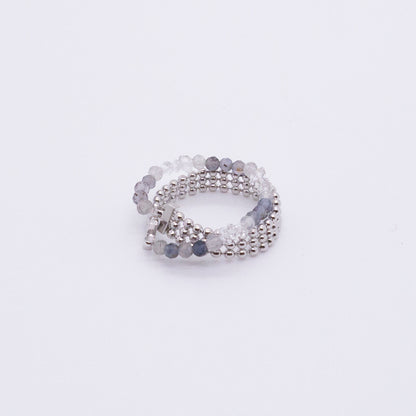 Space Ice - Magenta Mist - Herkimer Diamond & Iolite Beaded Double Hoop Chain Ring (White Gold Plated) 