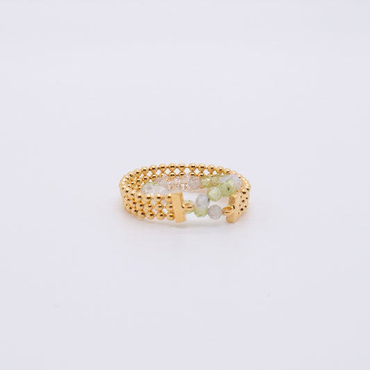 Space Ice - Magenta Mist - Herkimer Diamond & Peridot Beaded Double Hoop Chain Ring (18K Gold Plated) 