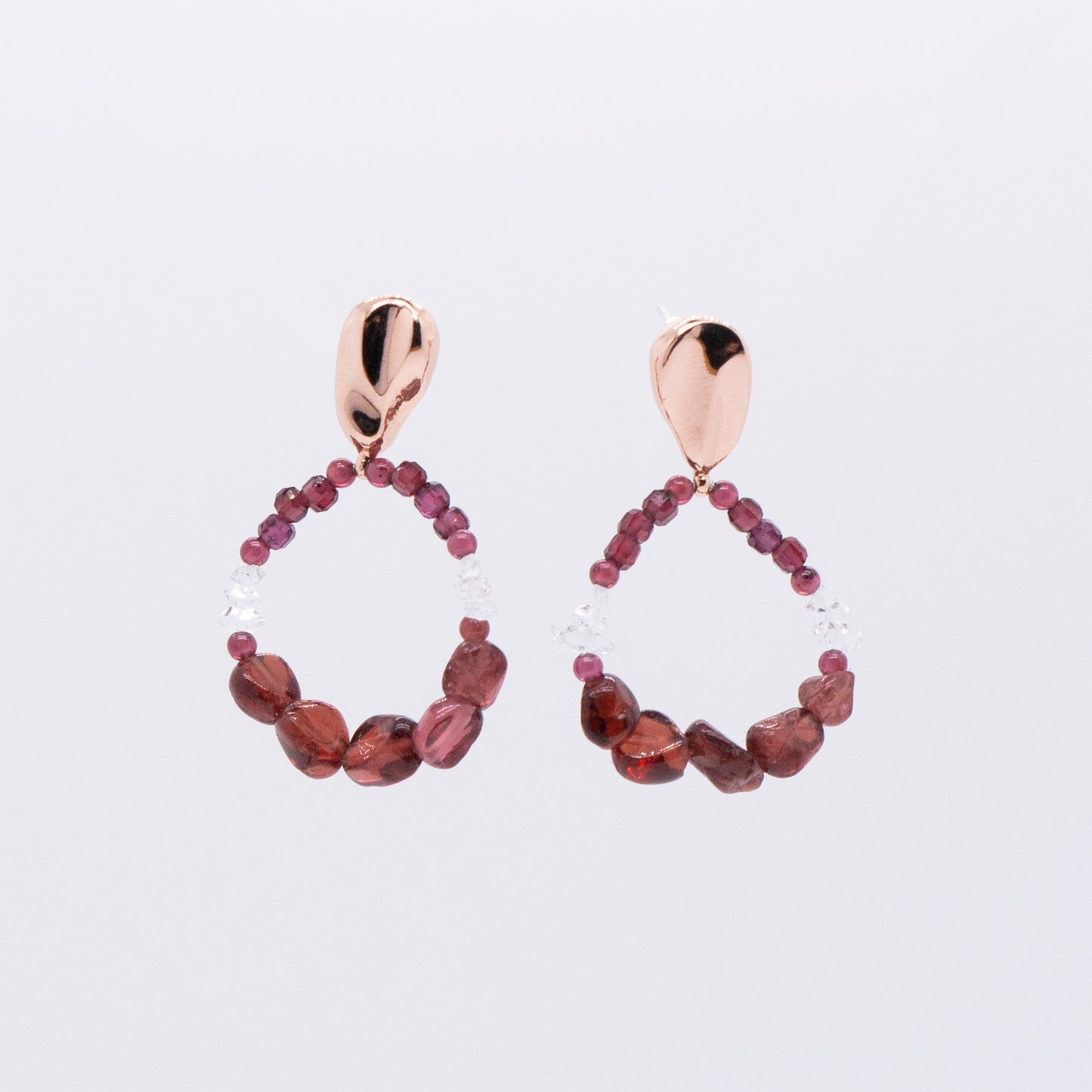 Space Ice - Magenta Mist - Garnet Beaded Hoop Drop Earrings (Rose Gold Plated)