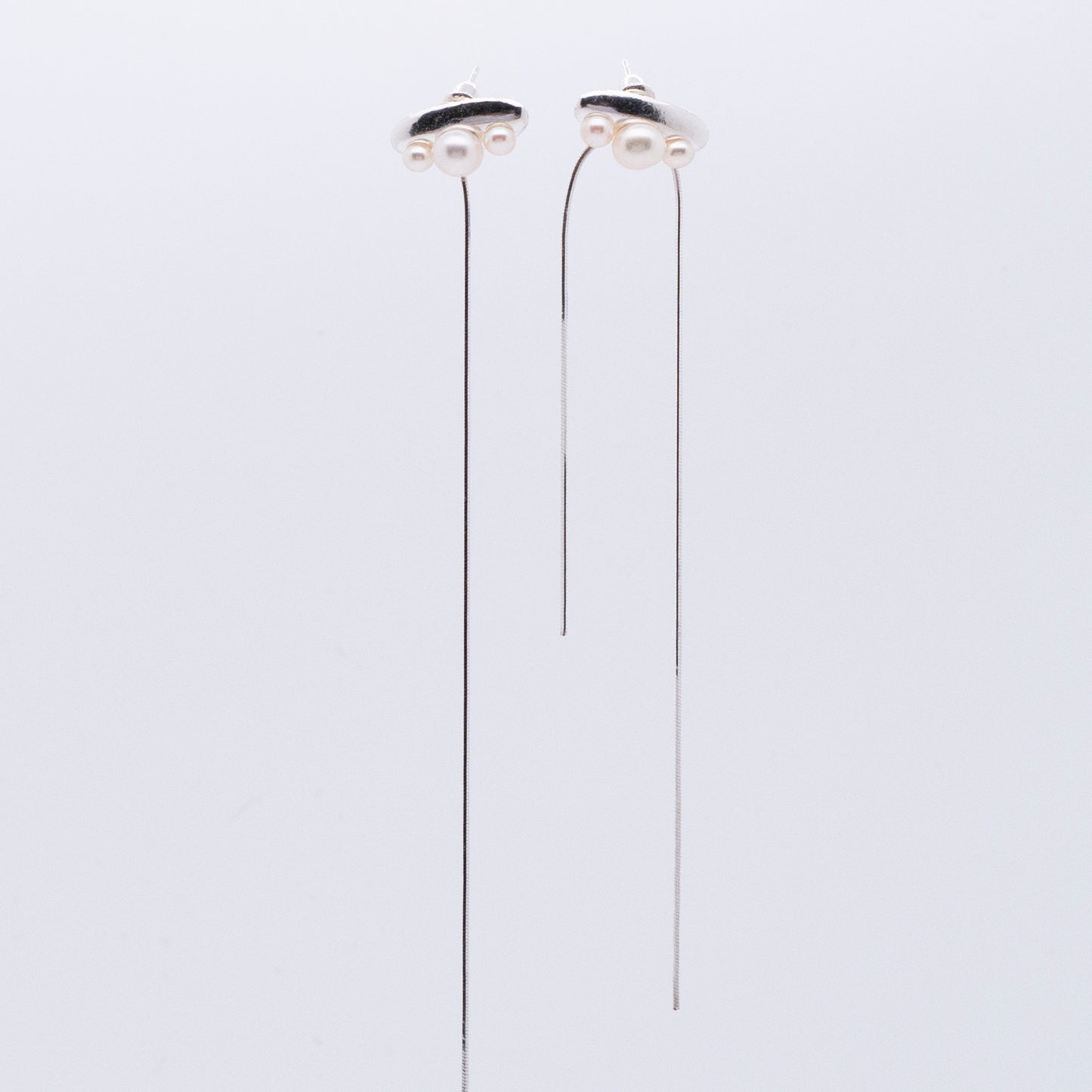 Multiverse - Time Travel Baby Pearl Earrings + Asymmetric Thread Earring Backs (Silver) 