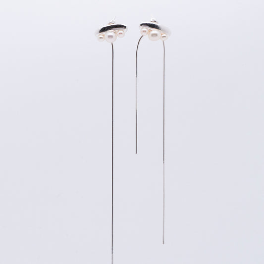 Multiverse - Time Travel Baby Pearl Earrings + Asymmetric Thread Earring Backs (Silver) 