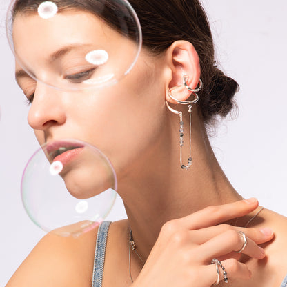 Bubble Nebula-Double Hoop Ear Cuff+Beading Threader Earring (Silver)