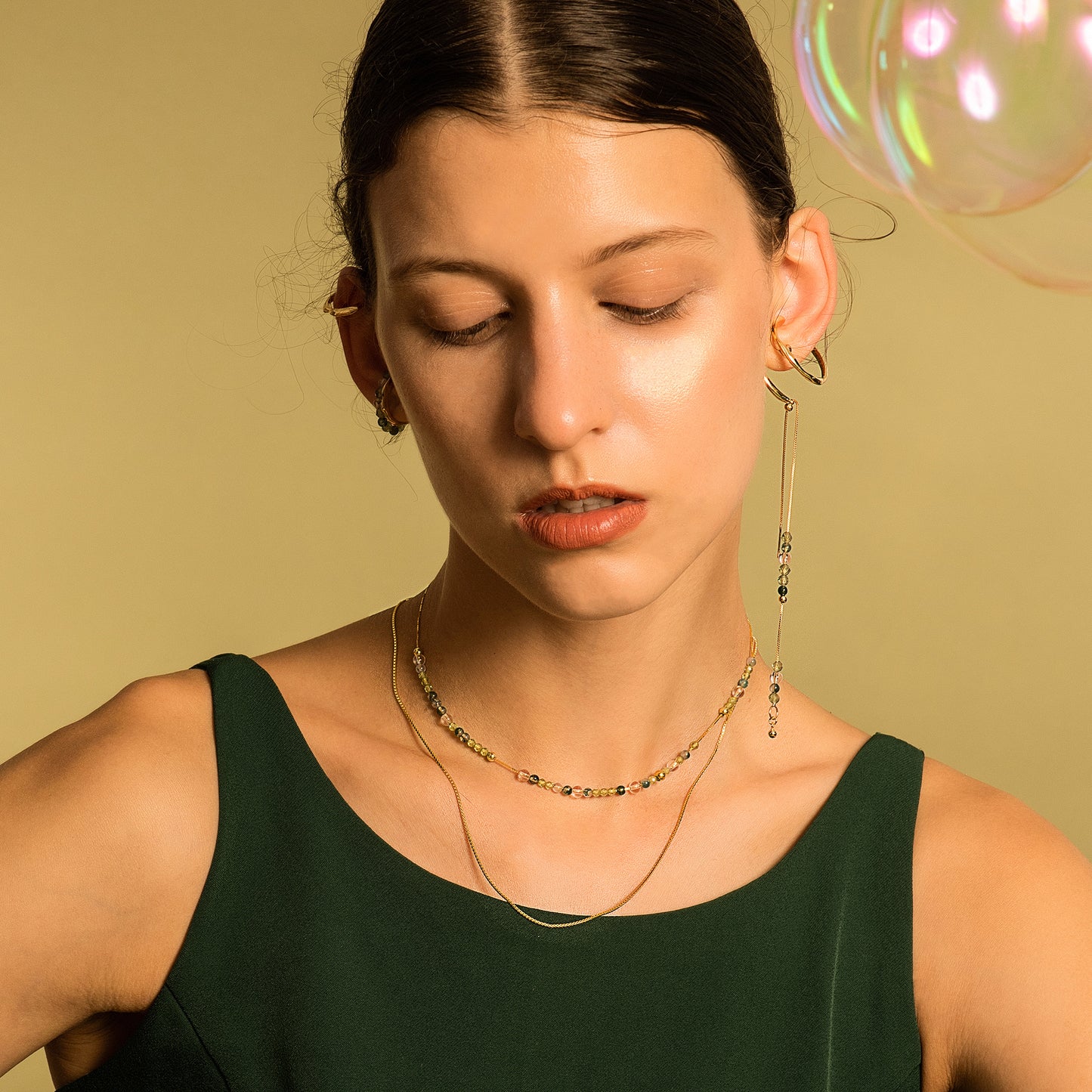 Bubble Nebula-Double Hoop Ear Cuff+Beading Threader Earring (Gold Plated)