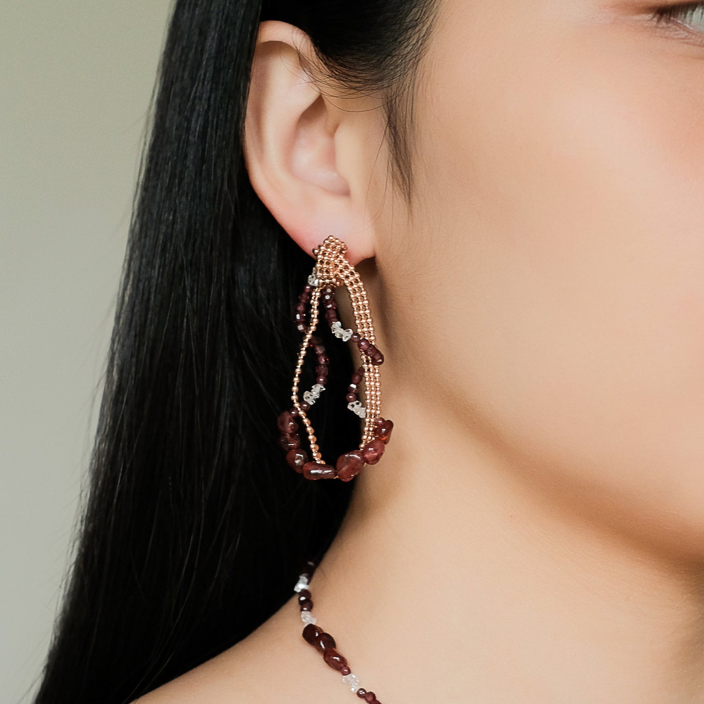 Space Ice - Magenta Mist - Beaded Chain Drop Earrings (Rose Gold Plated) 