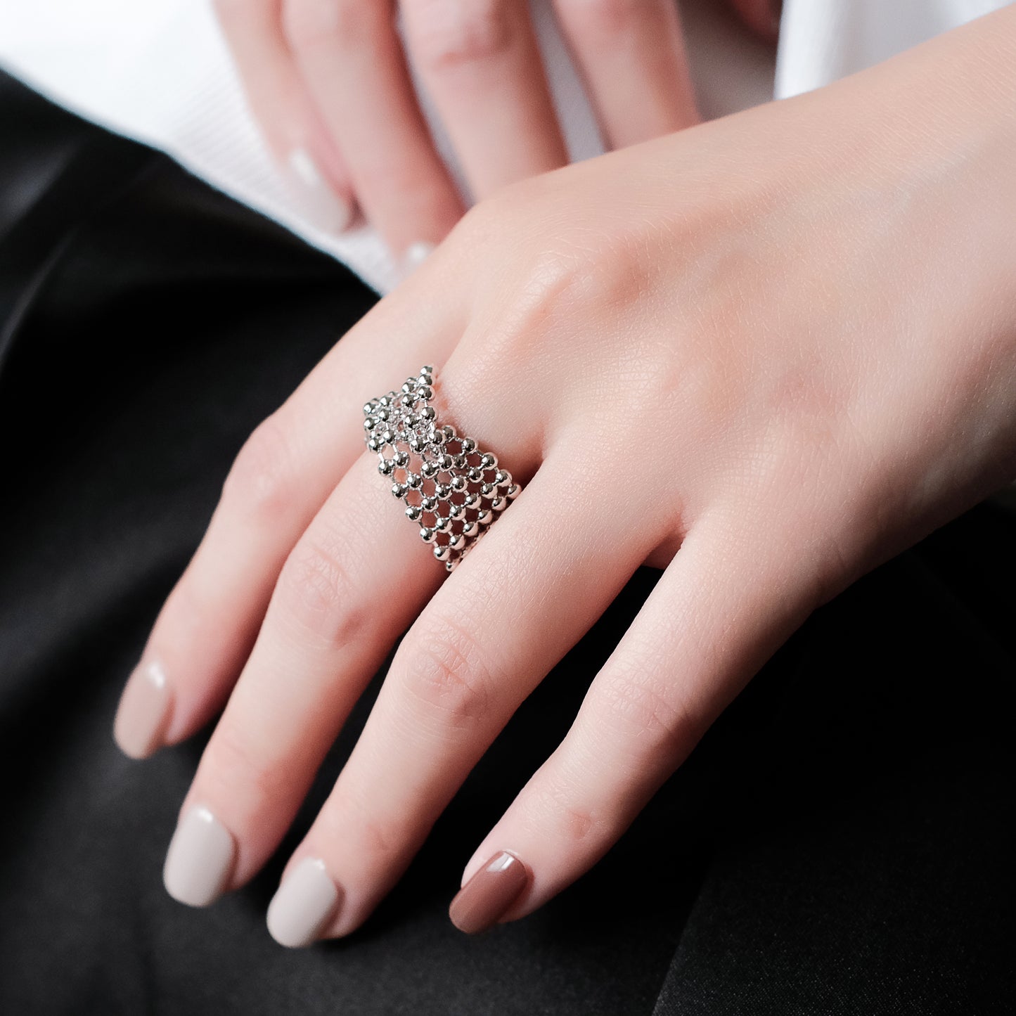 Space Ice - Double Beaded Chain Ring (White Gold Plated) 