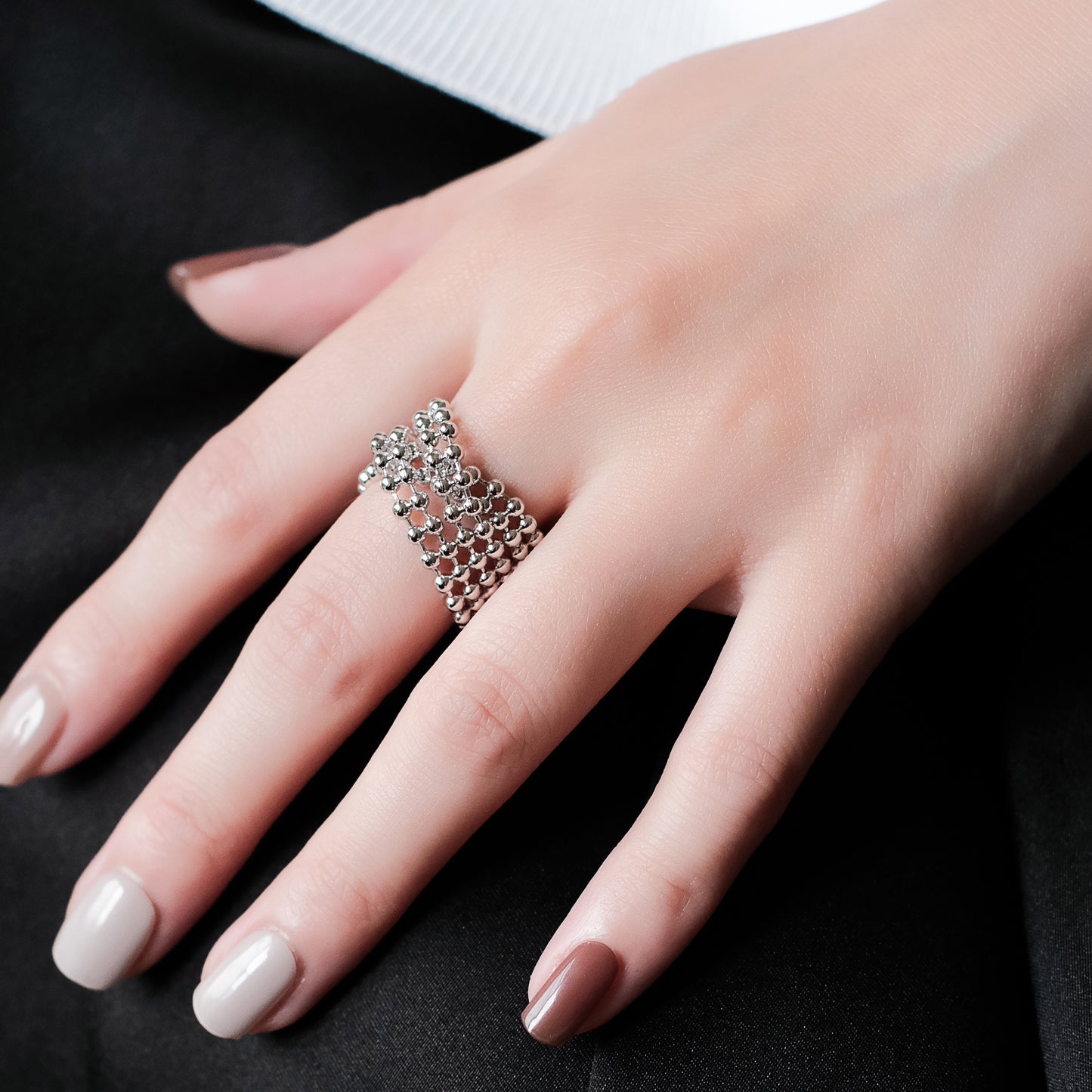 Space Ice - Double Beaded Chain Ring (White Gold Plated) 