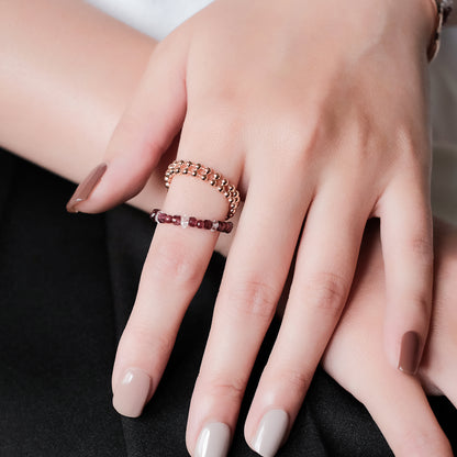 Space Ice - Magenta Mist - Herkimer Diamond & Garnet Beaded Chain Ring (Rose Gold Plated) 