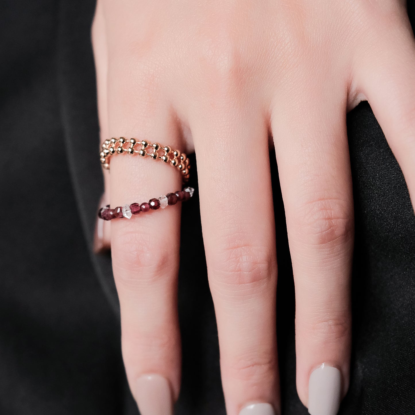 Space Ice - Magenta Mist - Herkimer Diamond & Garnet Beaded Chain Ring (Rose Gold Plated) 