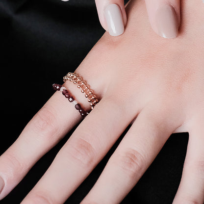 Space Ice - Magenta Mist - Herkimer Diamond & Garnet Beaded Chain Ring (Rose Gold Plated) 