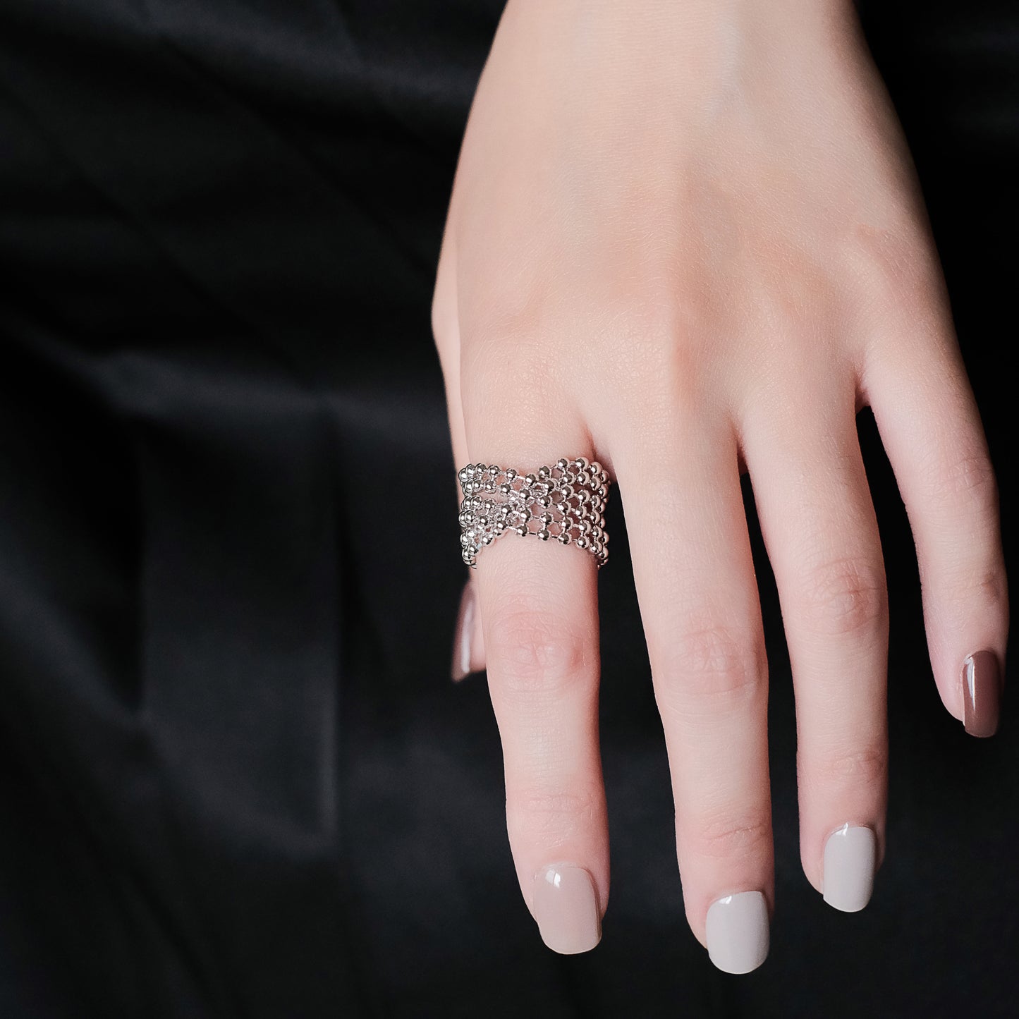 Space Ice - Double Beaded Chain Ring (White Gold Plated) 