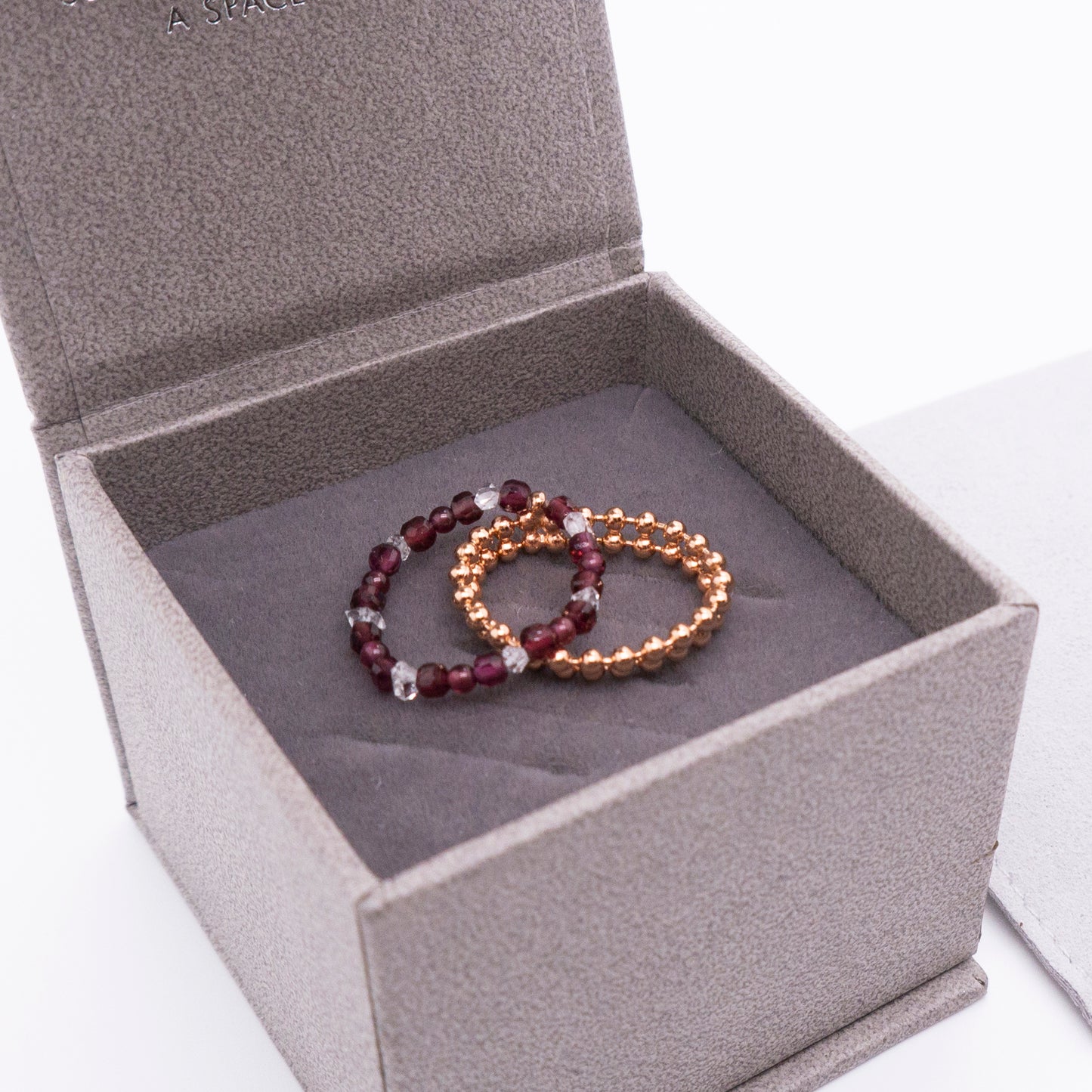 Space Ice - Magenta Mist - Herkimer Diamond & Garnet Beaded Chain Ring (Rose Gold Plated) 