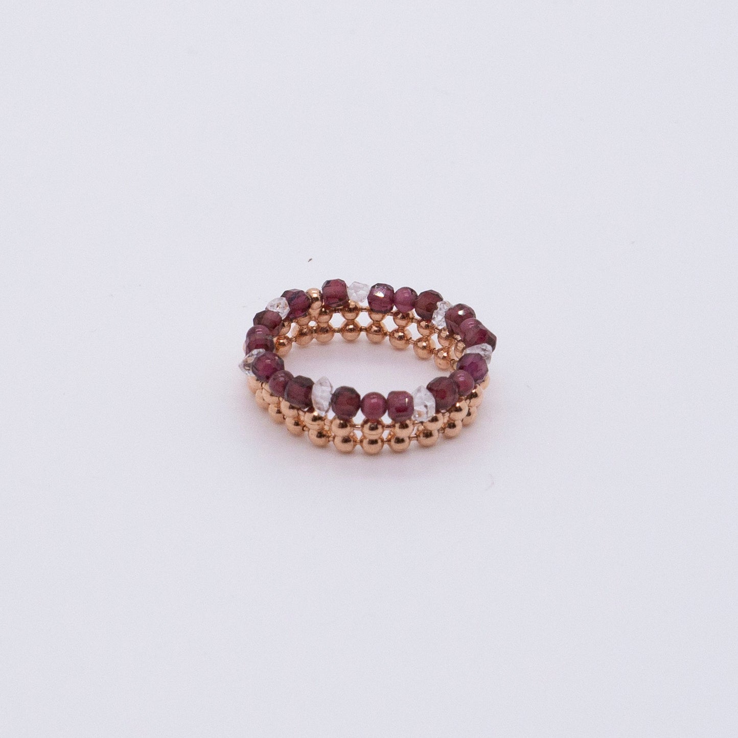 Space Ice - Magenta Mist - Herkimer Diamond & Garnet Beaded Chain Ring (Rose Gold Plated) 