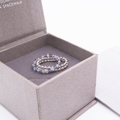 Space Ice - Magenta Mist - Herkimer Diamond & Iolite Beaded Chain Ring (White Gold Plated)