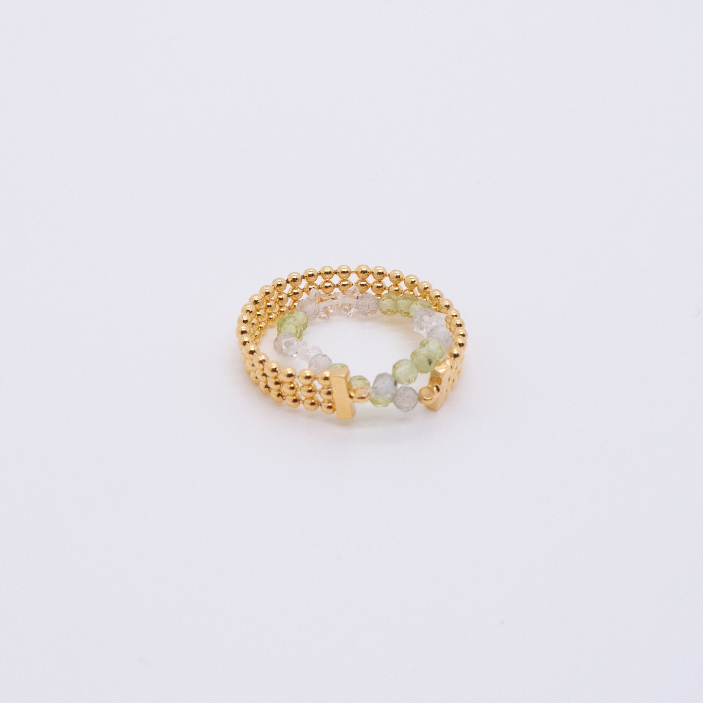 Space Ice - Magenta Mist - Herkimer Diamond & Peridot Beaded Double Hoop Chain Ring (18K Gold Plated) 