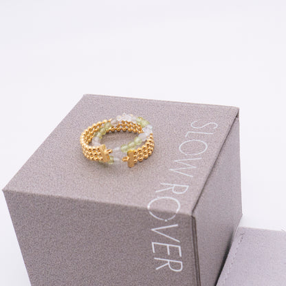 Space Ice - Magenta Mist - Herkimer Diamond & Peridot Beaded Double Hoop Chain Ring (18K Gold Plated) 