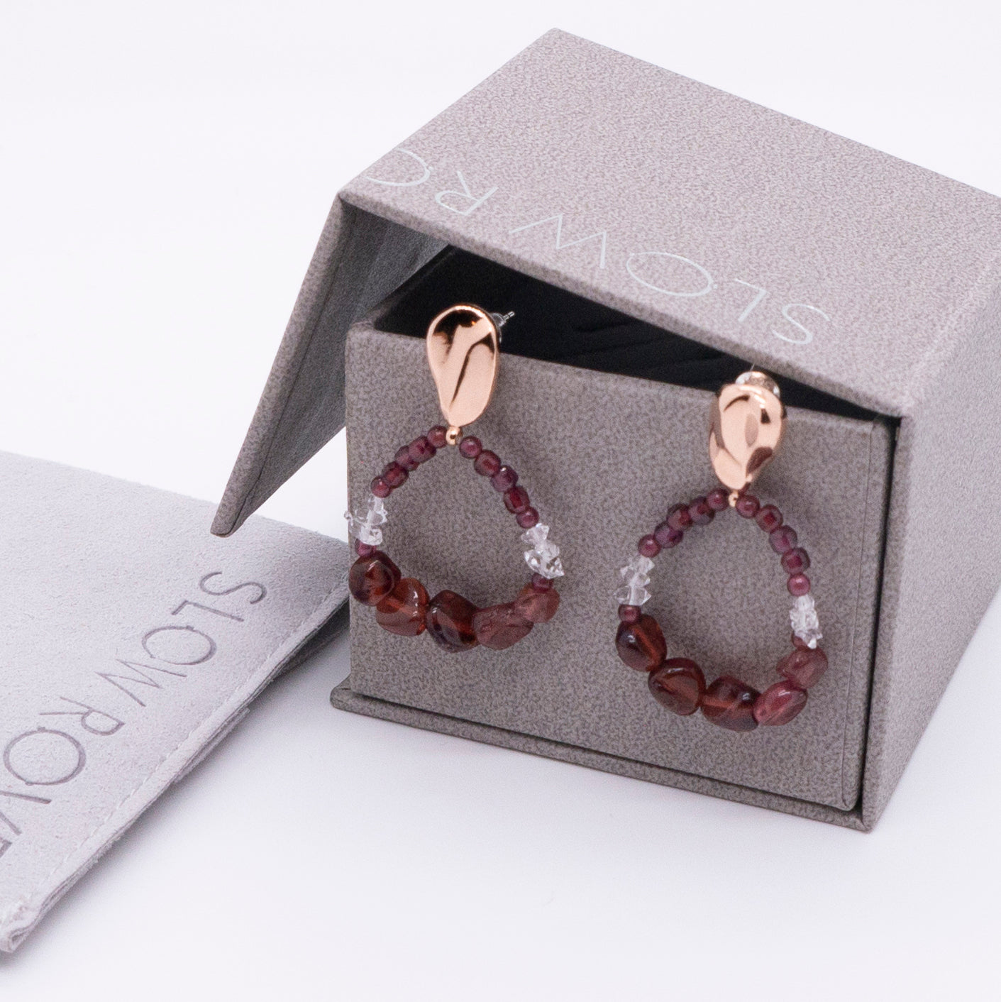 Space Ice - Magenta Mist - Garnet Beaded Hoop Drop Earrings (Rose Gold Plated)