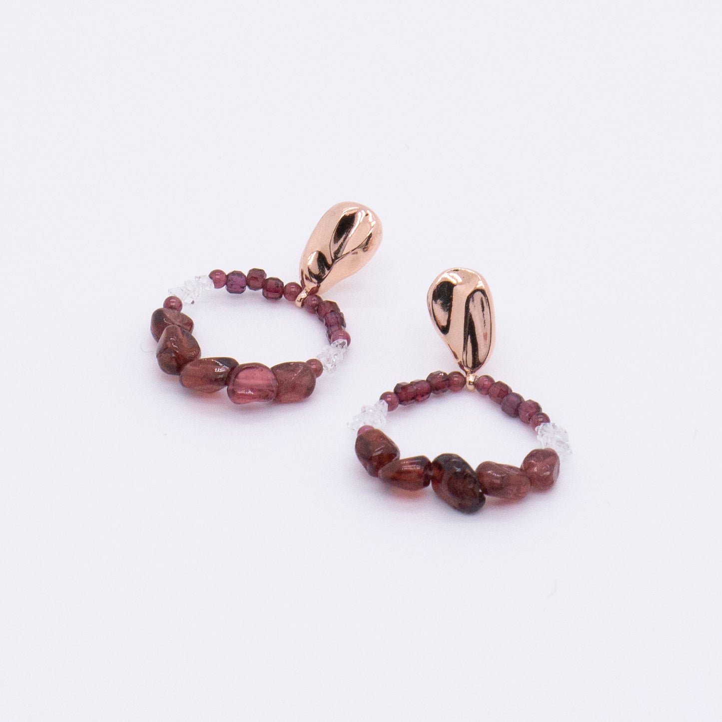 Space Ice - Magenta Mist - Garnet Beaded Hoop Drop Earrings (Rose Gold Plated)