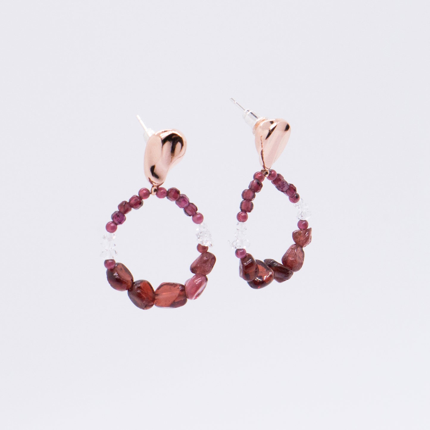 Space Ice - Magenta Mist - Garnet Beaded Hoop Drop Earrings (Rose Gold Plated)