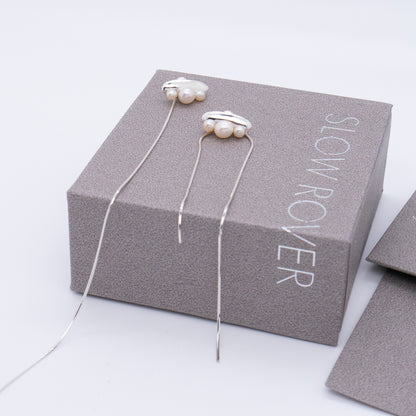 Multiverse - Time Travel Baby Pearl Earrings + Asymmetric Thread Earring Backs (Silver) 