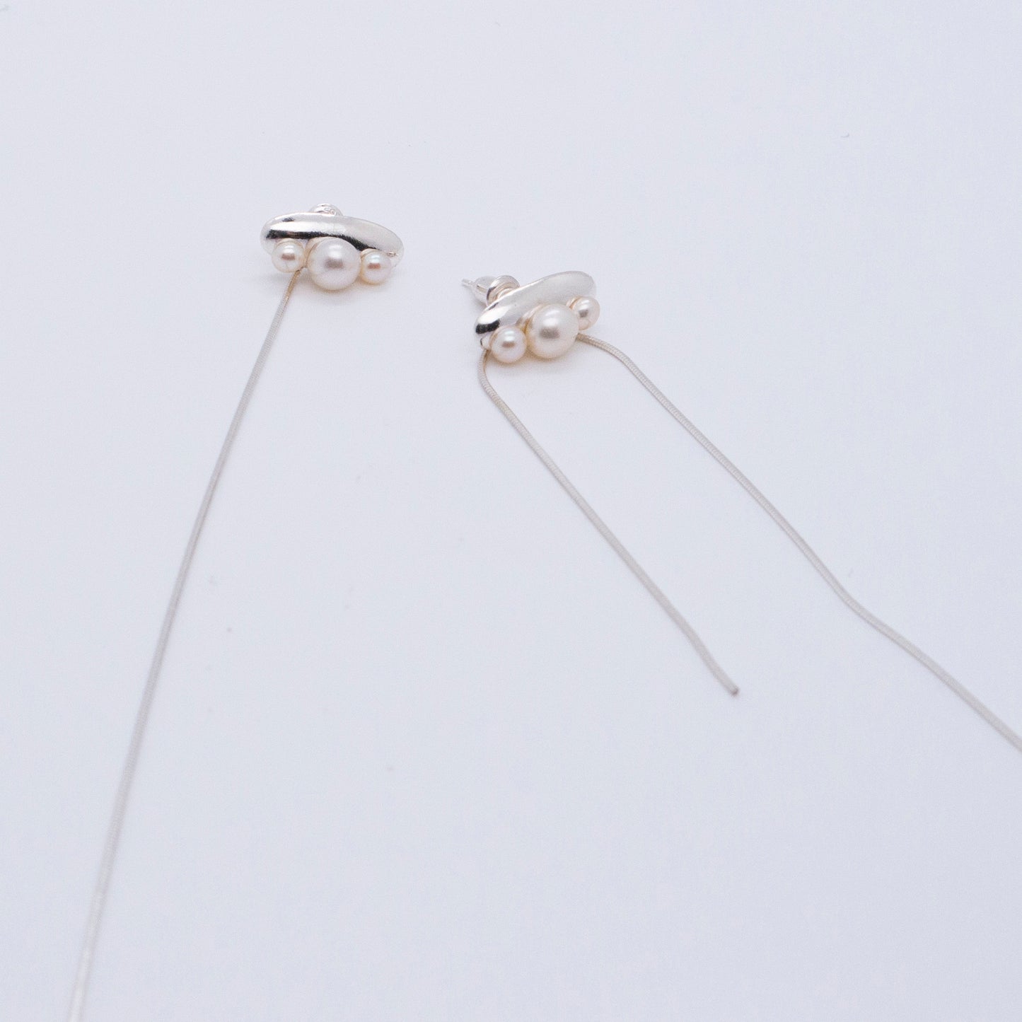 Multiverse - Time Travel Baby Pearl Earrings + Asymmetric Thread Earring Backs (Silver) 