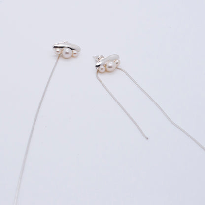 Multiverse - Time Travel Baby Pearl Earrings + Asymmetric Thread Earring Backs (Silver) 