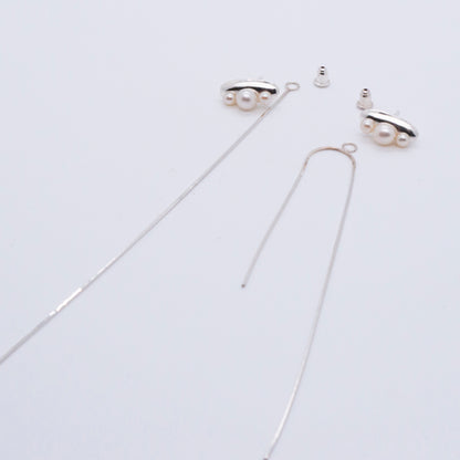 Multiverse - Time Travel Baby Pearl Earrings + Asymmetric Thread Earring Backs (Silver) 