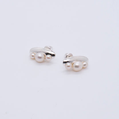 Multiverse - Time Travel Baby Pearl Earrings + Asymmetric Thread Earring Backs (Silver) 