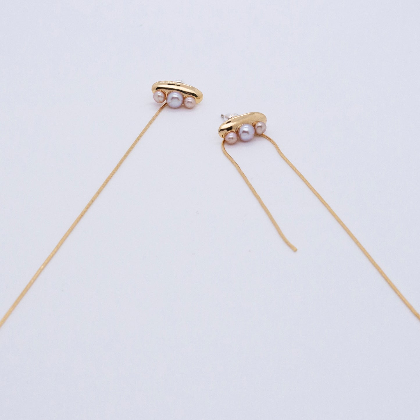 Multiverse - Time Travel Baby Pearl Earrings + Asymmetric Thread Earring Backs (18K Gold Plated)