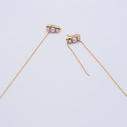 Multiverse - Time Travel Baby Pearl Earrings + Asymmetric Thread Earring Backs (18K Gold Plated)