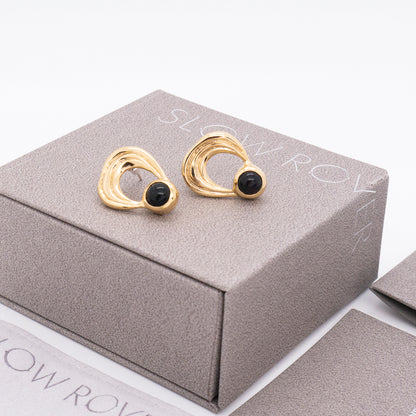 太陽閃焰 日珥黑瑪瑙耳環-厚鍍18K金