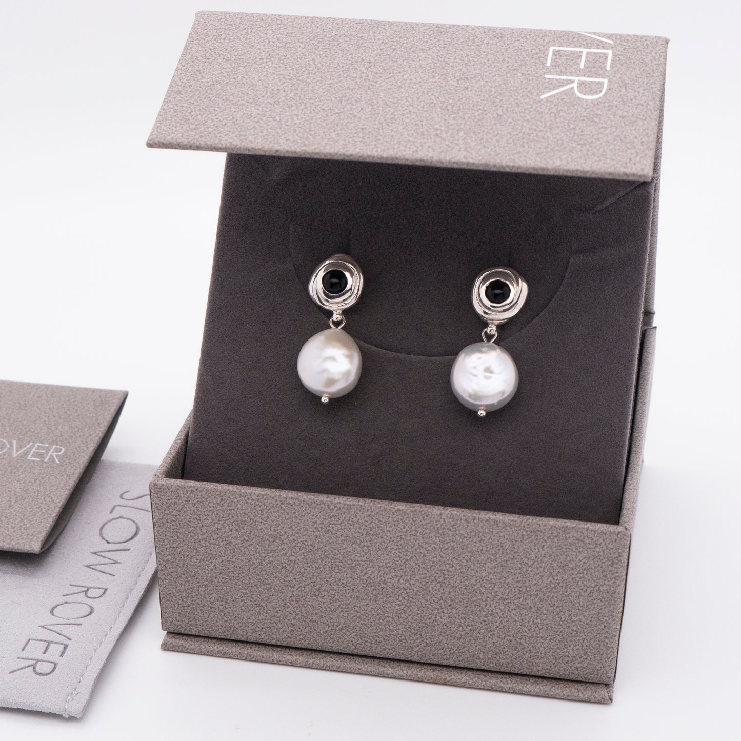 Solar Flares - Sunspots Black Agate White Pearl Drop Earrings - S (Silver)