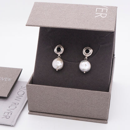Solar Flares - Sunspots Black Agate White Pearl Drop Earrings - S (Silver)