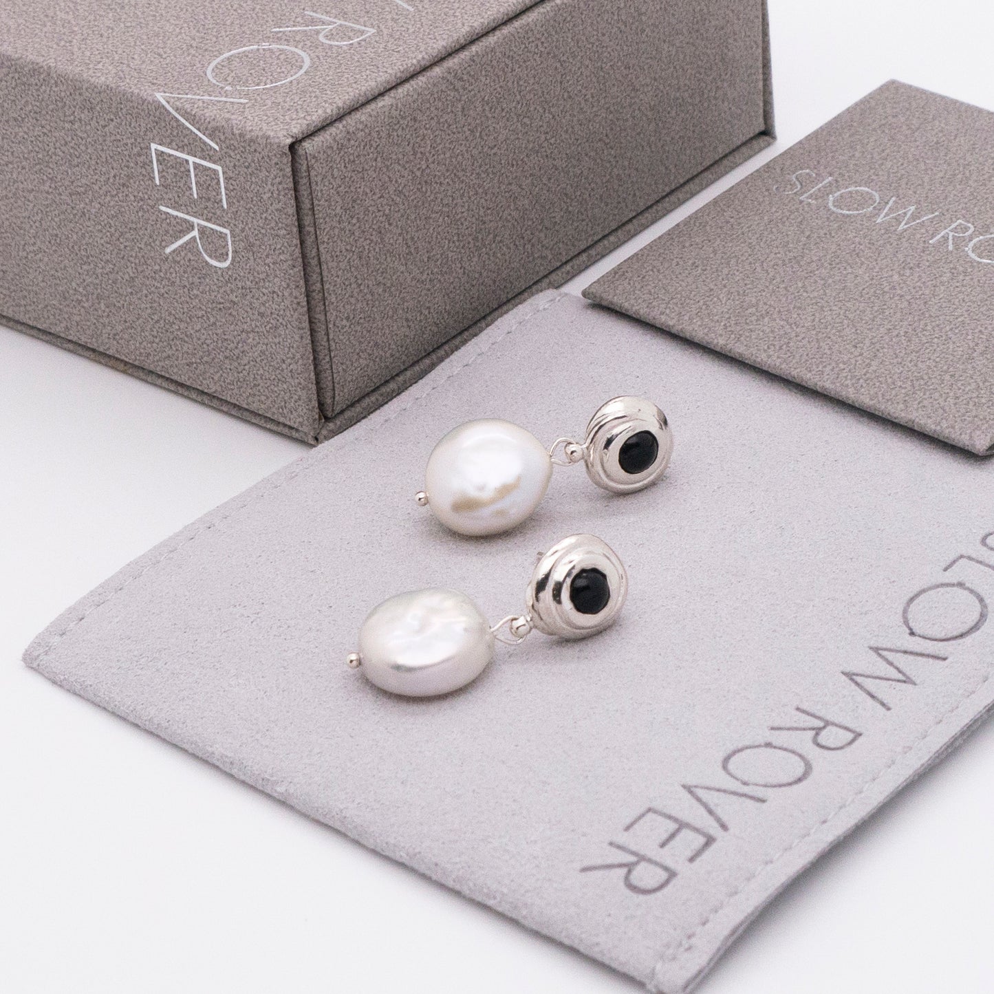 Solar Flares - Sunspots Black Agate White Pearl Drop Earrings - S (Silver)