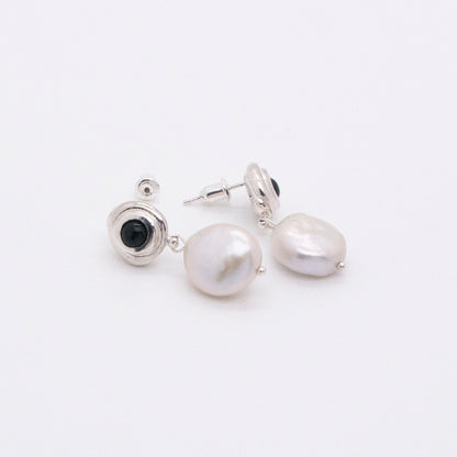 Solar Flares - Sunspots Black Agate White Pearl Drop Earrings - S (Silver)