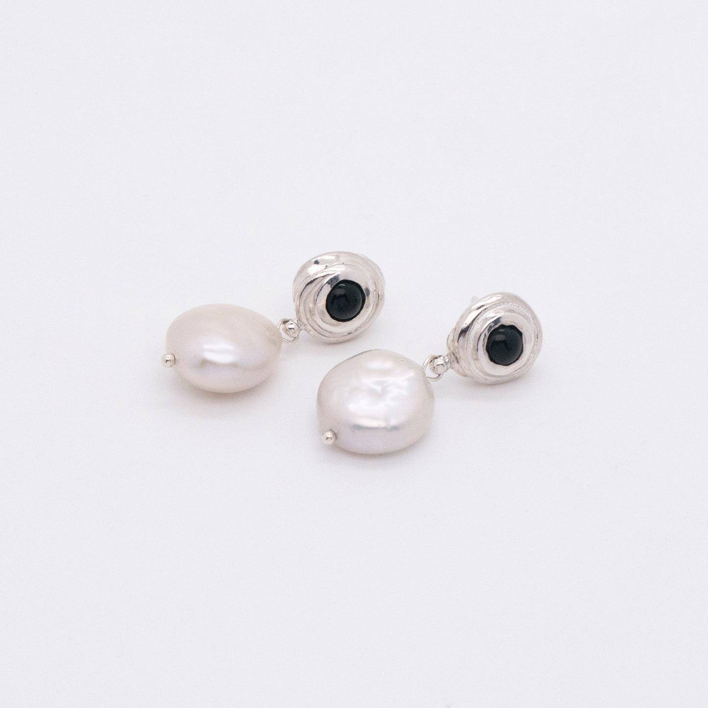 Solar Flares - Sunspots Black Agate White Pearl Drop Earrings - S (Silver)