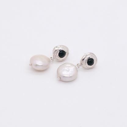 Solar Flares - Sunspots Black Agate White Pearl Drop Earrings - S (Silver)