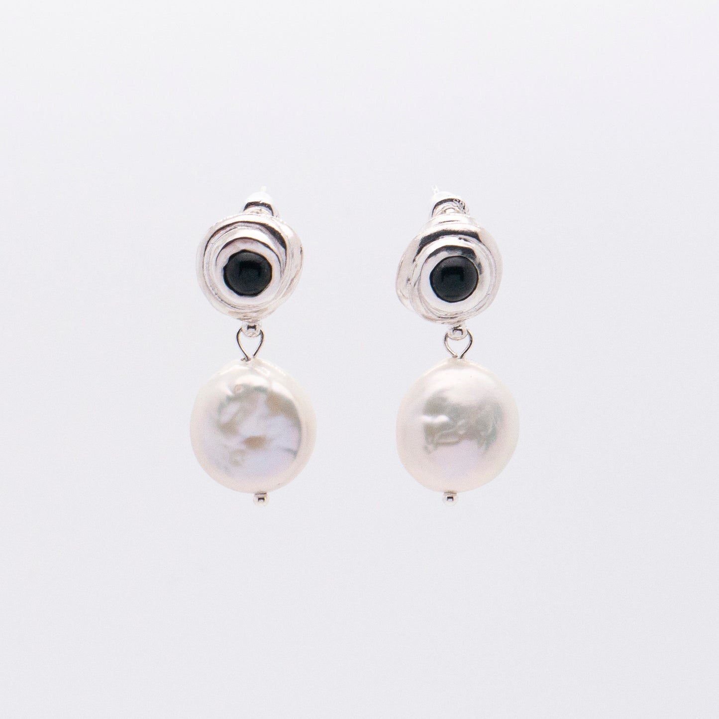 Solar Flares - Sunspots Black Agate White Pearl Drop Earrings - S (Silver)