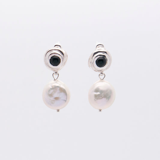 Solar Flares - Sunspots Black Agate White Pearl Drop Earrings - S (Silver)