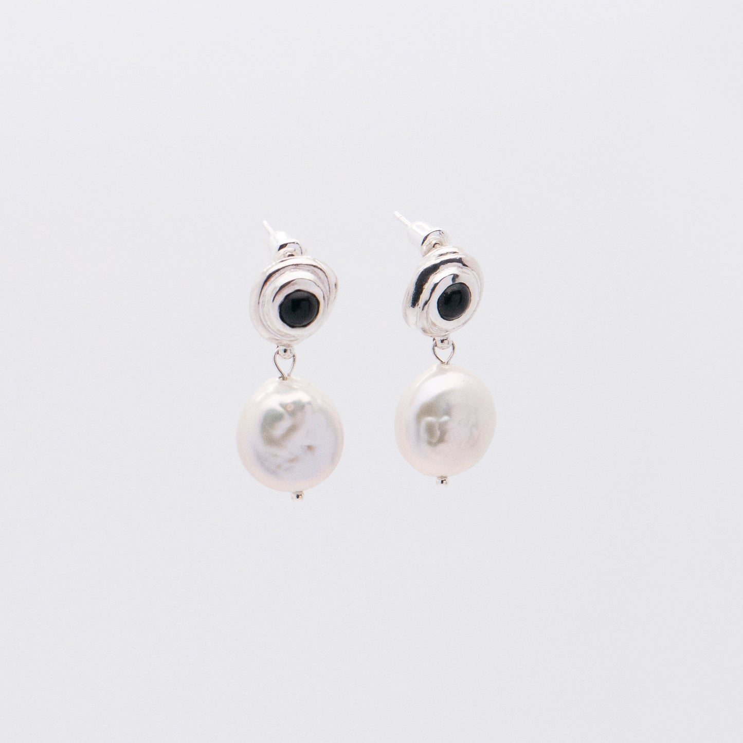 Solar Flares - Sunspots Black Agate White Pearl Drop Earrings - S (Silver)